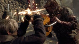 Leon Kennedy uses his knife to combat Chainsaw Man's saw in Resident Evil 4 Remake
