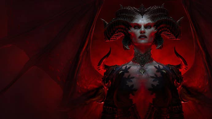 Lilith, the main antagonist of Diablo 4, looks over menacingly.