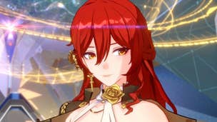 Honkai Star Rail Himeko build: An anime woman with long red hair, wearing a white dress and a golden choker with a large gold rose, is standing in front of a hologram projector depicting several stars and planets