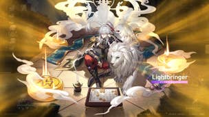 Honkai Star Rail Jing Yuan build: An anime man wearing scarlet trousers and white chest armor is seated on tiled floor near a chess board. A large white lion is at his left side