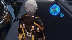 Image showing the Trailblazer character in Honkai Star Rail looking at a Memory Bubble at the Herta Space Station.