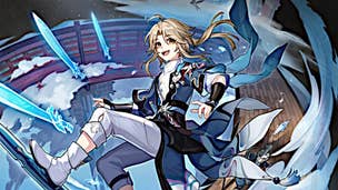 Honkai Star Rail Yanqing build: An anime man with long blonde hair, wearing a dark blue coat with tight white trousers and ankle boots, is riding on a wave of icy blades
