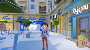 How to change clothes in Scarlet and Violet: An anime child stands on a paved street in front of a blue and gold store with a sock sign hanging in front