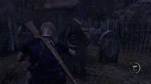 Leon Kennedy destroying an emblem carved into the top of a tombstone in Resident Evil 4