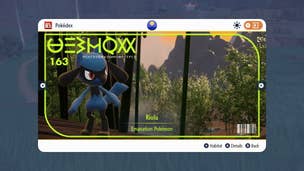 How to get Riolu in Scarlet and Violet: A small blue and black creature with big eyes and floppy ears stands on the edge of a forest