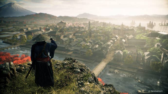 Rise of the Ronin's protagonist looks over the vast open world of the game.