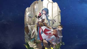 Honkai Star Rail healers: An anime woman with green hair, wearing a flowing red and white dress, is standing in a sunny room surrounded by plants.