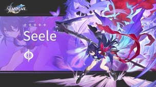 Honkai Star Rail Seele build: An anime woman with long purple hair and crimson and purple butterfly wings is holding a giant metal scythe behind her back. She's depicted against a splash of bright violet and red in the background