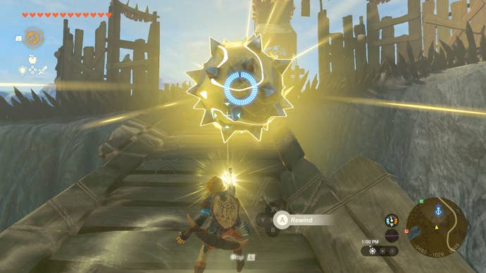 Link using the Rewind power in Zelda: Tears of the Kingdom to throw a giant spiky ball