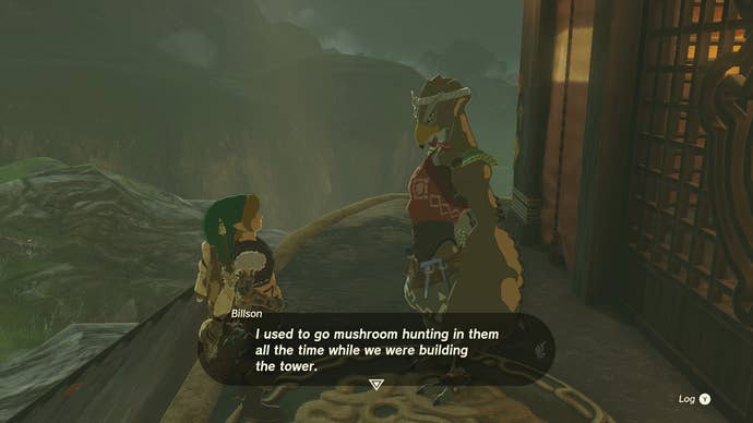 Link talking to the Rito mechanic Billson in front of Sahasra Slope Skyview Tower in Zelda: Tears of the Kingdom