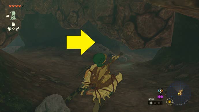 Link smashing rocks to reveal a tunnel inside Sahasra Slope cave in Zelda: Tears of the Kingdom